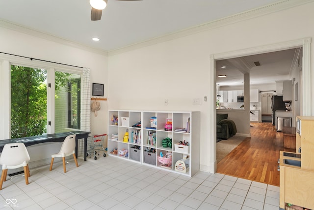 4601 Fairhope Dr, Indianapolis, IN 46237 - tiled office with crown molding, a ceiling fan, baseboards, and recessed lighting