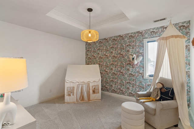 4601 Fairhope Dr, Indianapolis, IN 46237 - sitting room featuring baseboards, wallpapered walls, a tray ceiling, carpet floors, and crown molding