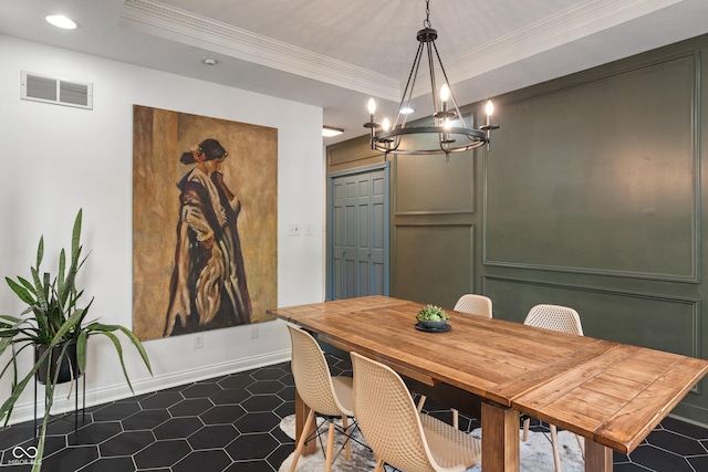 4601 Fairhope Dr, Indianapolis, IN 46237 - dining room with a chandelier, ornamental molding, recessed lighting, baseboards, and dark tile patterned flooring