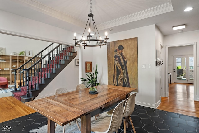 4601 Fairhope Dr, Indianapolis, IN 46237 - tiled dining area featuring a chandelier, crown molding, stairway, baseboards, and recessed lighting