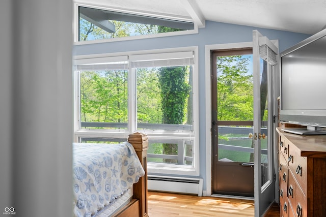 7753 Ivy Dr, Nineveh, IN 46164 - doorway to outside featuring baseboard heating, lofted ceiling, and light wood-style flooring