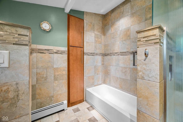 7753 Ivy Dr, Nineveh, IN 46164 - bathroom featuring a baseboard radiator, tile walls, a shower, and a tub to relax in