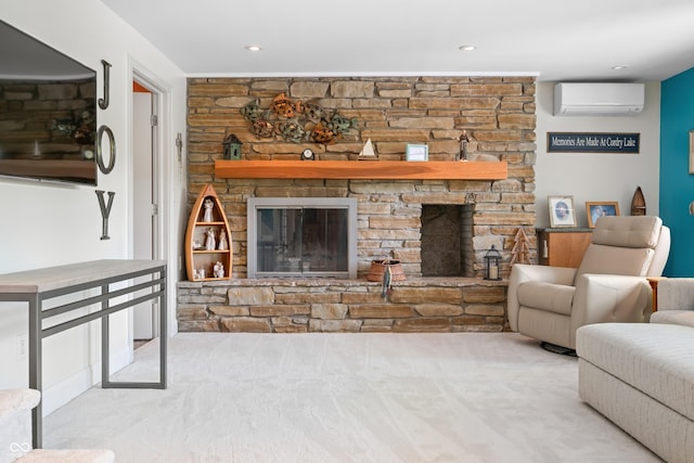 7753 Ivy Dr, Nineveh, IN 46164 - living area with a fireplace, a wall unit AC, and carpet flooring