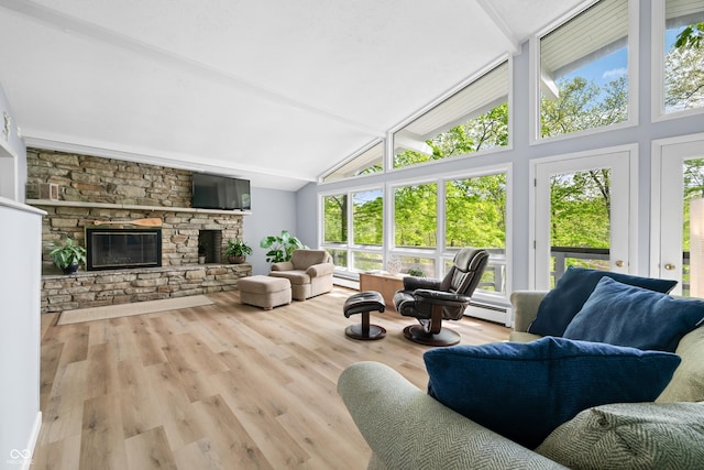 7753 Ivy Dr, Nineveh, IN 46164 - living room with a baseboard radiator, plenty of natural light, beamed ceiling, high vaulted ceiling, and wood finished floors
