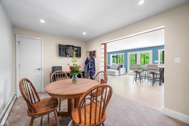 7753 Ivy Dr, Nineveh, IN 46164 - dining space featuring a baseboard heating unit, recessed lighting, carpet, and baseboards