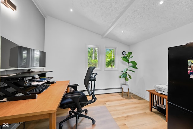 7753 Ivy Dr, Nineveh, IN 46164 - office with light wood-style floors, vaulted ceiling, a textured ceiling, recessed lighting, and a baseboard radiator