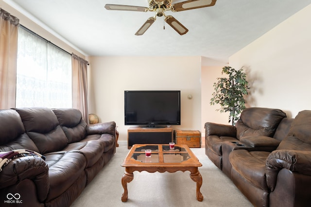 living area featuring ceiling fan and carpet