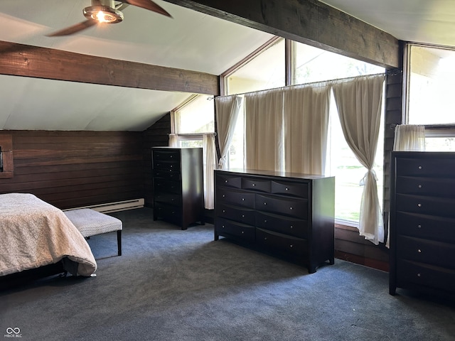 3081 Woodridge Rd, Shelbyville, IN 46176 - carpeted bedroom with wood walls, multiple windows, and a ceiling fan