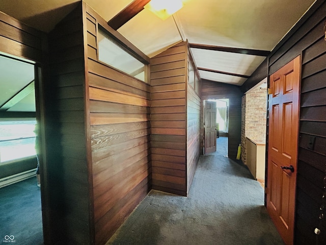 3081 Woodridge Rd, Shelbyville, IN 46176 - hallway featuring carpet flooring, wood walls, and lofted ceiling