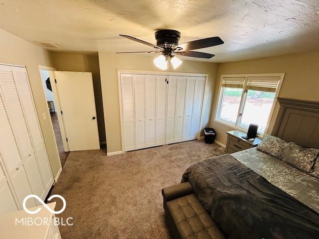209 Brighton Ct, Greenwood, IN 46143 - carpeted bedroom featuring multiple closets, baseboards, and a ceiling fan