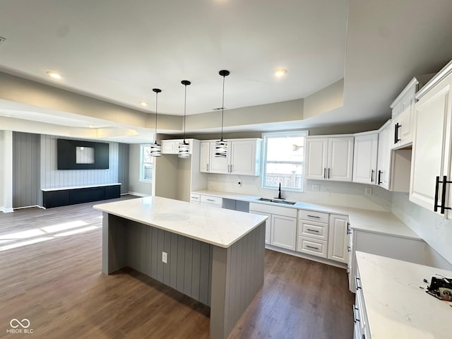 337 N Beville Ave, Indianapolis, IN 46201 - kitchen with a sink, dark wood-type flooring, light stone countertops, white cabinets, and recessed lighting