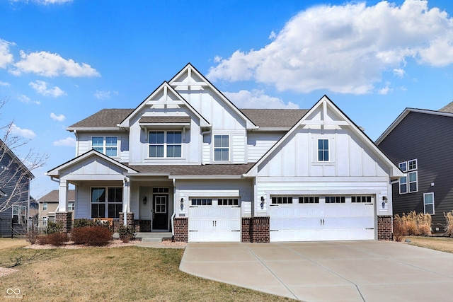 16516 Wilsons Farm Dr, Fishers, IN 46040 - craftsman-style house featuring an attached garage, board and batten siding, driveway, a porch, and brick siding