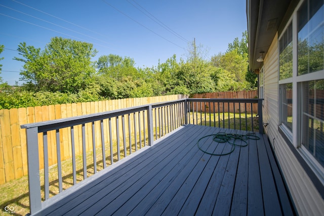 wooden terrace with a fenced backyard