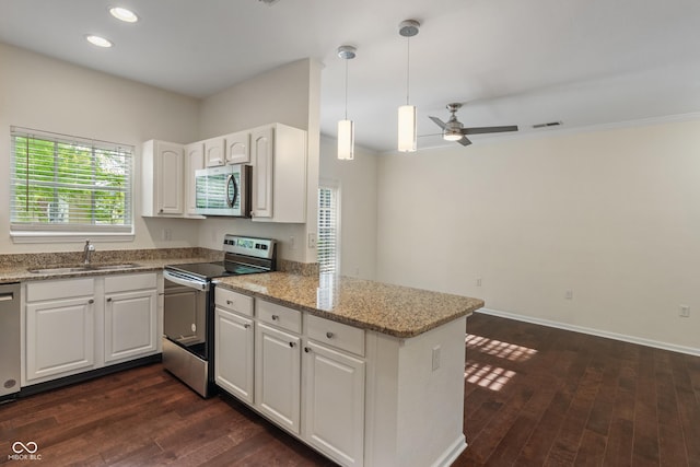 kitchen with stainless steel appliances, a sink, ceiling fan, dark wood-style flooring, and recessed lighting
