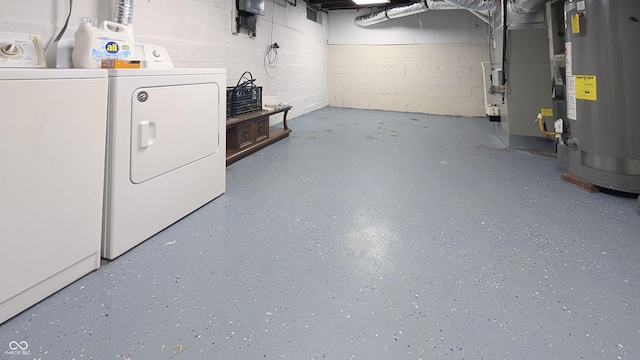 3436 Garden Ave, Indianapolis, IN 46222 - unfinished basement with washer and dryer, gas water heater, heating unit, and concrete block wall