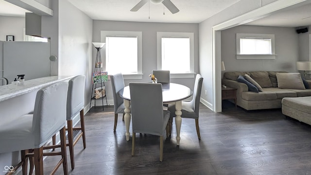 3436 Garden Ave, Indianapolis, IN 46222 - dining area with a ceiling fan, dark wood-style flooring, and baseboards