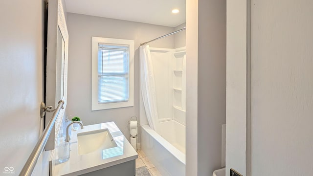 3436 Garden Ave, Indianapolis, IN 46222 - bathroom with vanity, shower / bathtub combination with curtain, and tile patterned floors