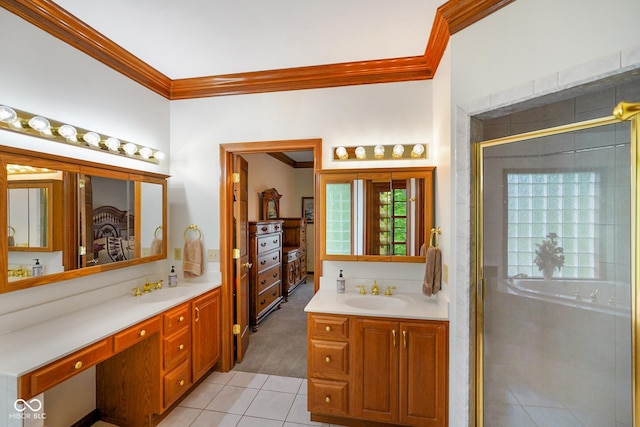 2508 Indian Creek Rd, Trafalgar, IN 46181 - full bath with crown molding, a shower stall, tile patterned flooring, two vanities, and ensuite bath