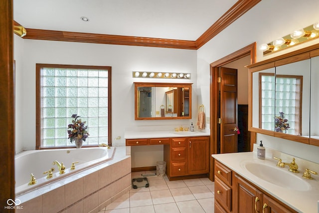 2508 Indian Creek Rd, Trafalgar, IN 46181 - bathroom featuring crown molding, tile patterned flooring, a bath, and two vanities