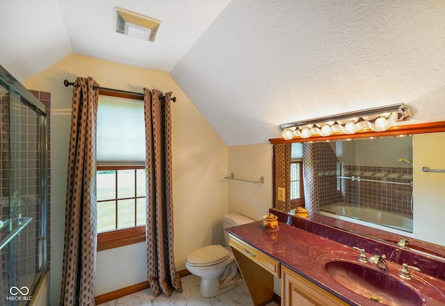 2508 Indian Creek Rd, Trafalgar, IN 46181 - full bath with lofted ceiling, toilet, an enclosed shower, and vanity