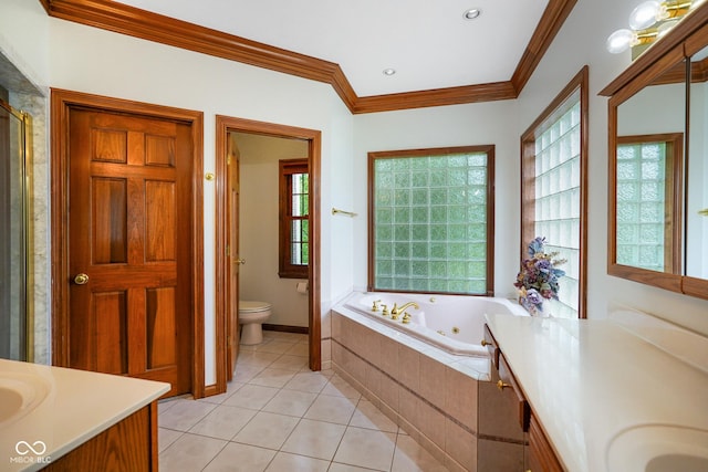 2508 Indian Creek Rd, Trafalgar, IN 46181 - full bathroom featuring vanity, toilet, tile patterned floors, crown molding, and a whirlpool tub
