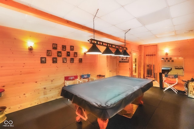 2508 Indian Creek Rd, Trafalgar, IN 46181 - playroom with wooden walls, billiards, and a drop ceiling