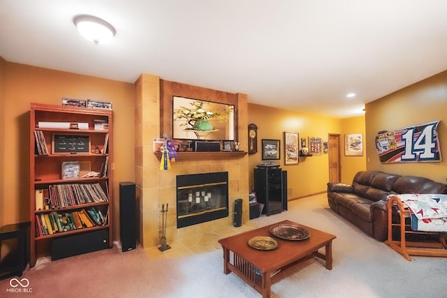 2508 Indian Creek Rd, Trafalgar, IN 46181 - living room featuring carpet floors and a tile fireplace