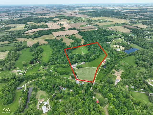 2508 Indian Creek Rd, Trafalgar, IN 46181 - aerial view of sparsely populated area with property boundaries highlighted and a nearby body of water