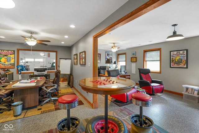 2508 Indian Creek Rd, Trafalgar, IN 46181 - dining area featuring ceiling fan, baseboards, recessed lighting, and an office area