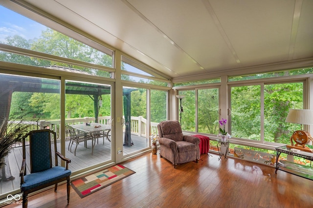 2508 Indian Creek Rd, Trafalgar, IN 46181 - sunroom featuring healthy amount of natural light, lofted ceiling, a wall of windows, and wood finished floors