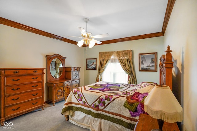 2508 Indian Creek Rd, Trafalgar, IN 46181 - bedroom with crown molding, light carpet, and a ceiling fan