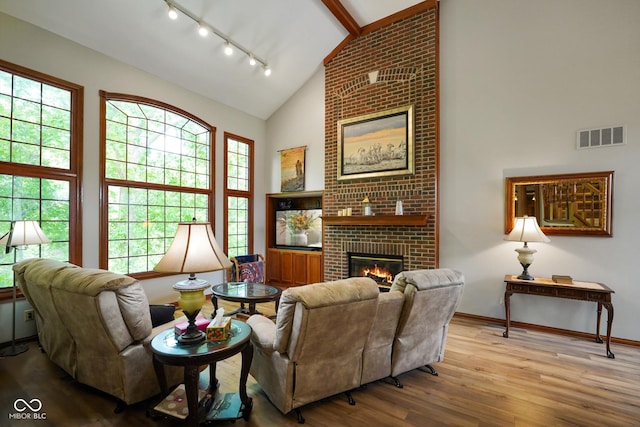 2508 Indian Creek Rd, Trafalgar, IN 46181 - living area featuring wood finished floors, a fireplace, high vaulted ceiling, plenty of natural light, and baseboards