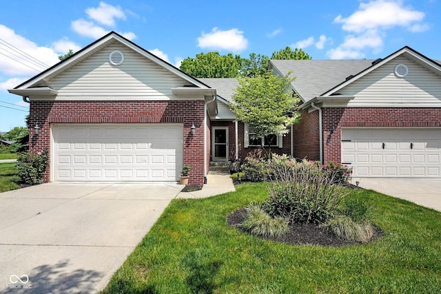 575 Dylan Dr, Avon, IN 46123 - ranch-style home with concrete driveway, an attached garage, brick siding, and a front yard