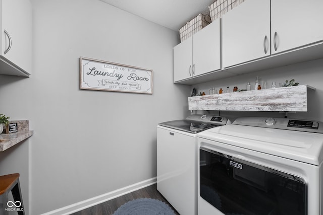 2542 Barstow Dr, Whitestown, IN 46075 - clothes washing area with cabinet space, independent washer and dryer, baseboards, and dark wood-style flooring