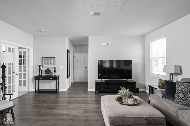 2542 Barstow Dr, Whitestown, IN 46075 - living room with dark wood-style flooring, a textured ceiling, baseboards, and french doors