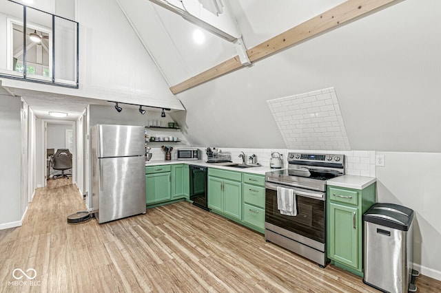 809 Iron Bridge Rd, Cicero, IN 46034 - kitchen with green cabinetry, appliances with stainless steel finishes, light countertops, a sink, and beam ceiling