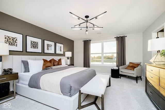 bedroom featuring light colored carpet