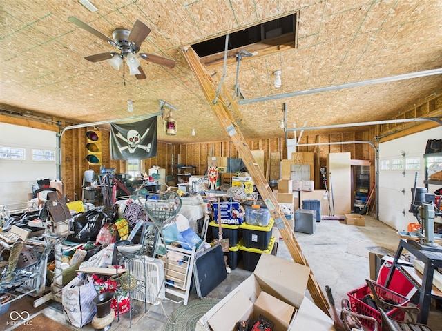 garage featuring a ceiling fan