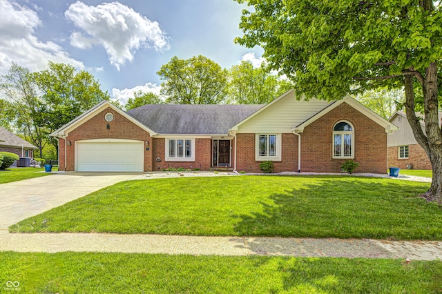 ranch-style house featuring a garage, brick siding, a front lawn, and driveway