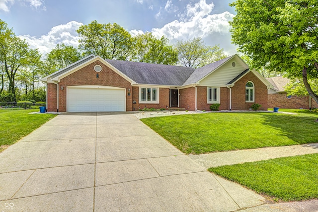 ranch-style house featuring concrete driveway, brick siding, a front lawn, and an attached garage