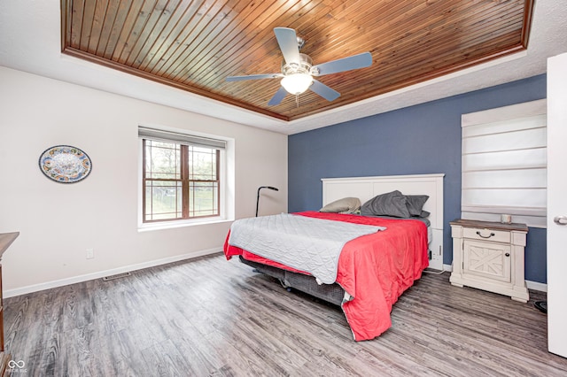 bedroom featuring a raised ceiling, wood ceiling, wood finished floors, baseboards, and ceiling fan