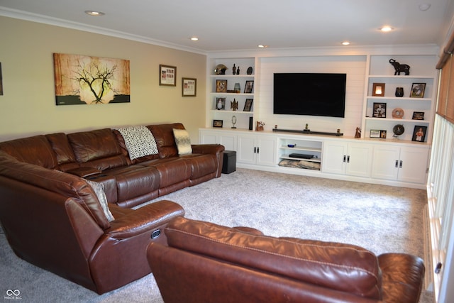 living area with light carpet, ornamental molding, built in shelves, and recessed lighting