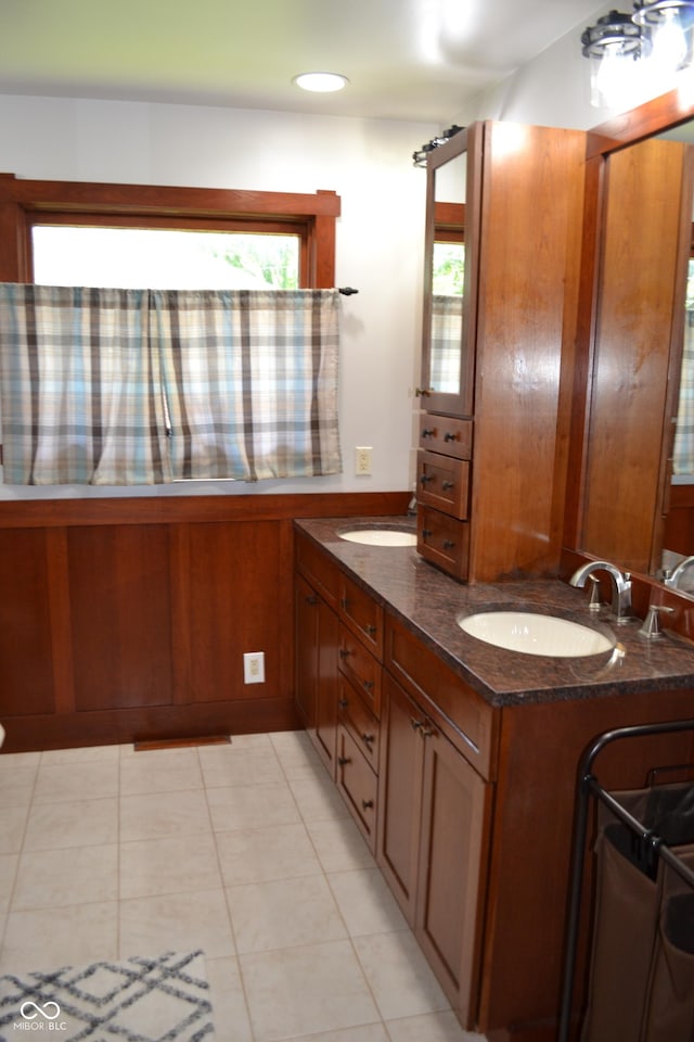 bathroom featuring tile patterned floors, double vanity, a shower with curtain, and recessed lighting