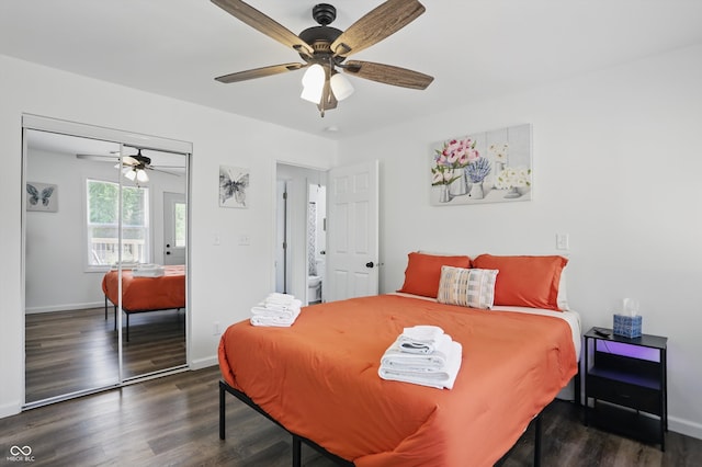 bedroom featuring a closet, wood finished floors, ceiling fan, and baseboards