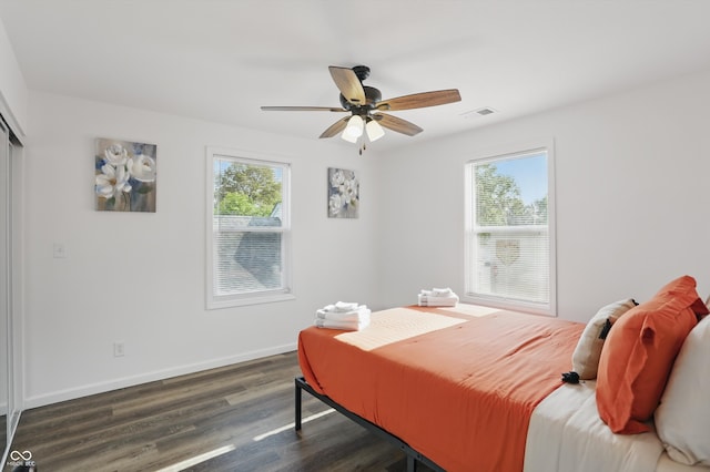 bedroom featuring multiple windows, dark wood-style flooring, baseboards, and a ceiling fan