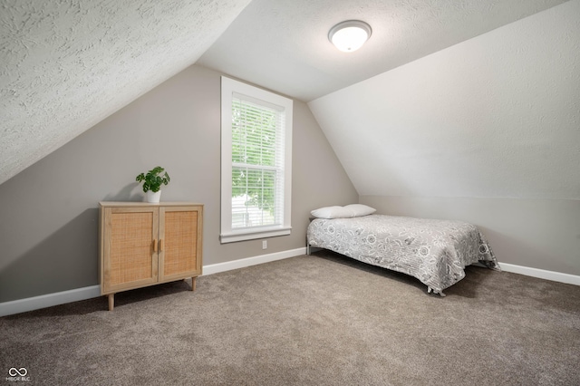 3019 W Huntsville Rd, Pendleton, IN 46064 - carpeted bedroom with a textured ceiling, lofted ceiling, and baseboards
