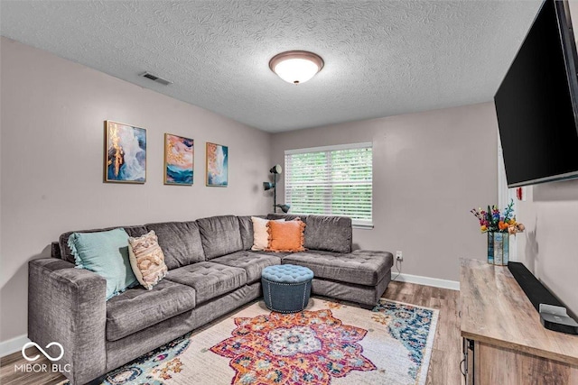 living room with wood finished floors, a textured ceiling, and baseboards