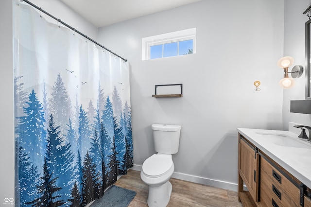 141 W 10th St, Seymour, IN 47274 - bathroom featuring wood finished floors, baseboards, toilet, vanity, and a shower with shower curtain