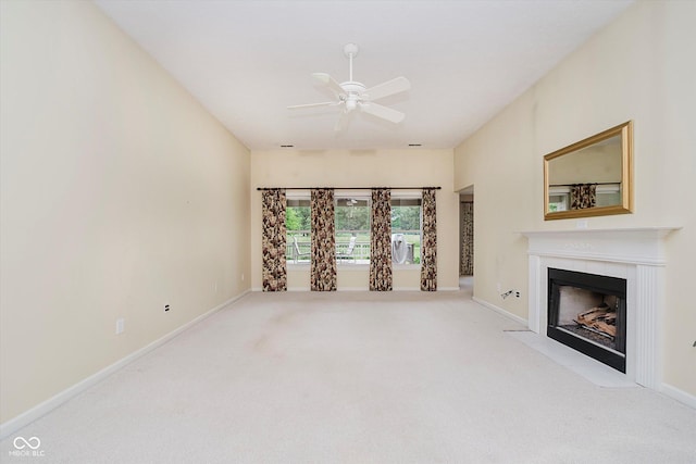10833 Tournament Ln, Indianapolis, IN 46229 - unfurnished living room with ceiling fan, a fireplace with flush hearth, and carpet flooring