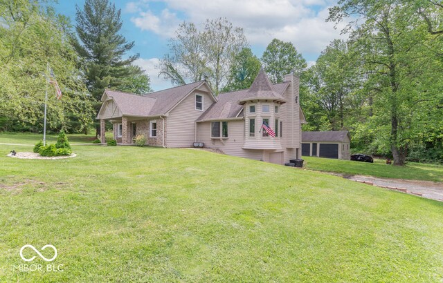 1409 S Northview Dr, Martinsville, IN 46151 - victorian house with a chimney, a front yard, an attached garage, and roof with shingles